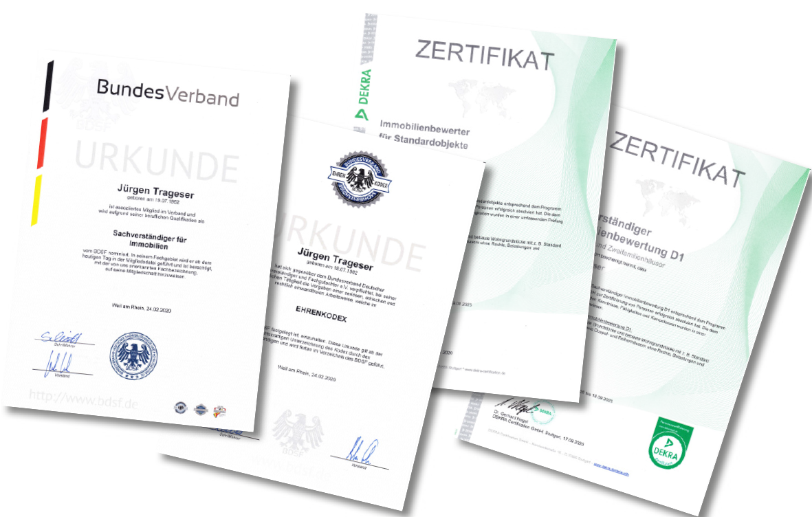 Zertifikate Qualifikationen und Zertifikate Jürgen Trageser - Immobilien Gutachter, Sachverständiger